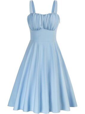 Women's Light Blue Vintage A-Line Midi Cocktail Dress Spaghetti Strap